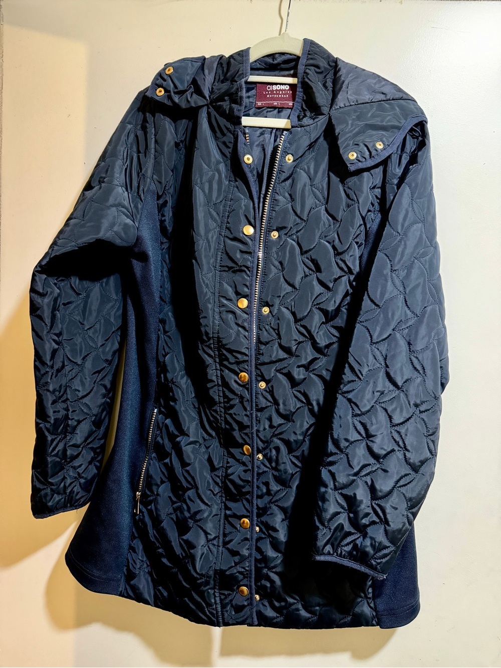 Quilted Hooded Navy Women's Jacket with Gold